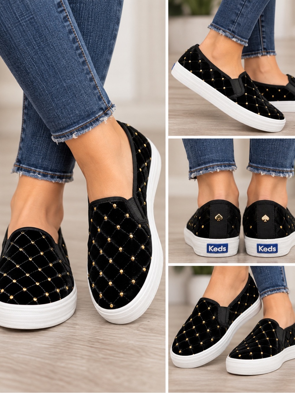 Keds Kate Spade Double Decker Quilted Velvet Slip-On Black Gold Sneakers Size 8